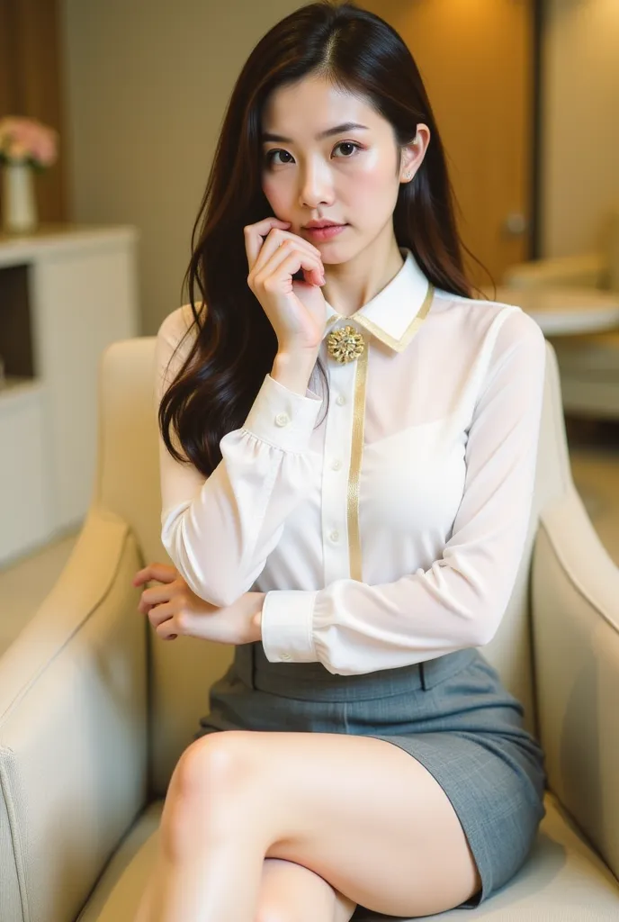 a young woman seated on a light-colored chair in an indoor setting, likely an office or lounge. She has long, dark hair styled neatly, and her expression is poised and confident. She is dressed in a professional yet stylish outfit, consisting of a white bl...