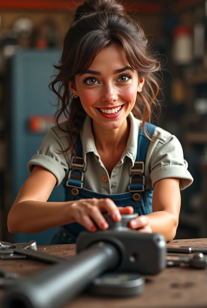  woman , "repairing" something with a huge wrench, but with a smile 