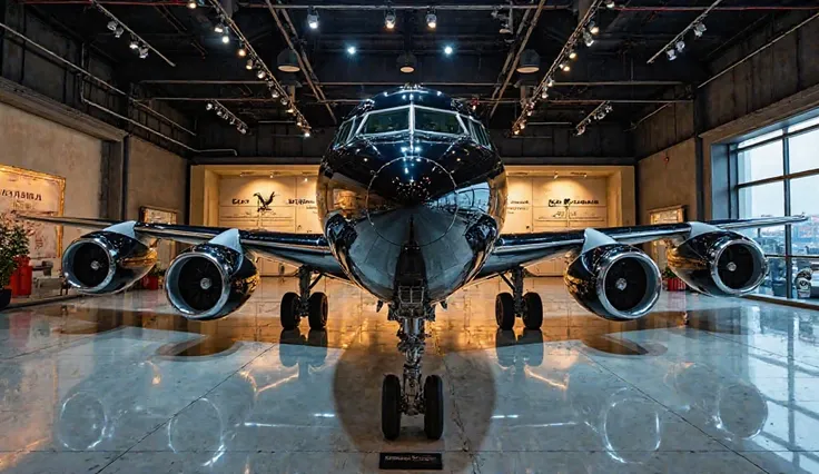 "High-definition front view of a beautifully restored Boeing 707 in sleek black, displayed in a luxurious aircraft showroom. The aircraft has a polished, mirror-like finish reflecting bright showroom lights. The showroom features a modern design with gloss...