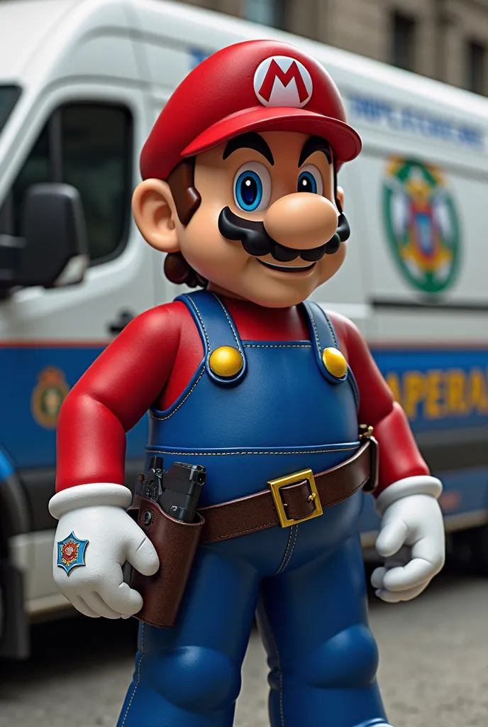 Super Mario wearing the clothes of the Brazilian Federal Police in front of a Brazilian Federal Police vehicle and with a gun in his holster and a badge of the Brazilian Federal Police around his waist