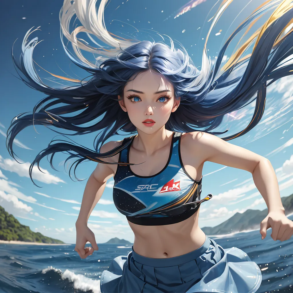 young woman wearing a space helmet with long blue hair, wearing a tank top and a very short blue skirt, running in space with her hair and clothes floating in the wind, background with motion lines to express the speed, (best quality,4k,8k,highres,masterpi...