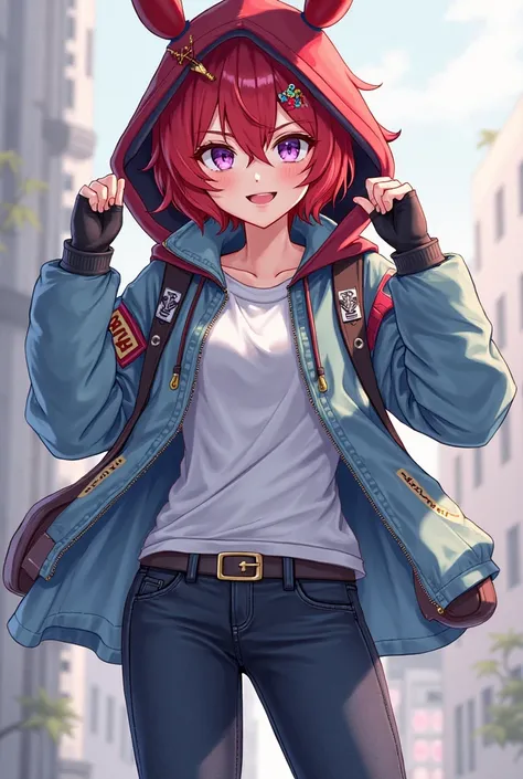 I'm Otome Oota, a girl, short red hair, wearing a light blue jacket with white undershirt, a dark red hoodie that covers my hair, dark purple eyes, gloves that don't cover fingers, jeans 