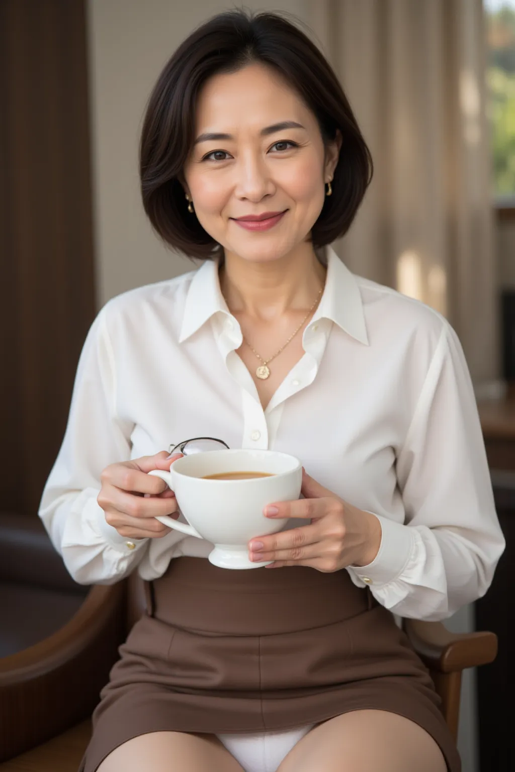 Full body photo of a graceful 60-year-old Japanese woman, kind smile、(Facial wrinkles、 nasolabial fold:1.5)、Middle-aged appearance ,  front view、 sitting on a chair in the living room、I'm rolling up a brown satin belt skirt、Panties are visible、white shirt、...