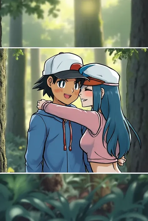 1 boy Ash Ketchum , black hair,broun eyes , hat, beceballcap waite tishirt,blue jacket, 1 girl dawn Pokemon, blue hair, closed eyes, pink crop top , wait hat,  photograph of a couple forest , they is looking each other, they is hugging . they re smalilig a...