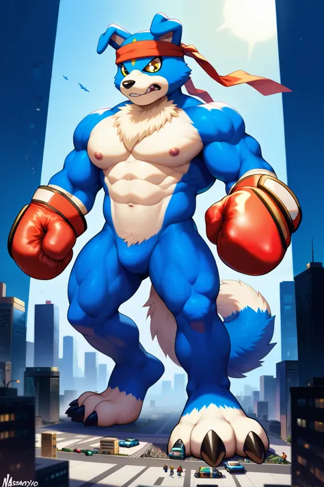 score_9, score_8_up , score_7_up , score_6_up , furry, anthro,((1 km tall)), ((big muscles)),  giant , macro, , huge, blue body, yellow eyes, tail, headband,boxing gloves, (abs), (thick shoulders, wide pecs, big pec muscle thick arms), tall, gaomon, relaxe...