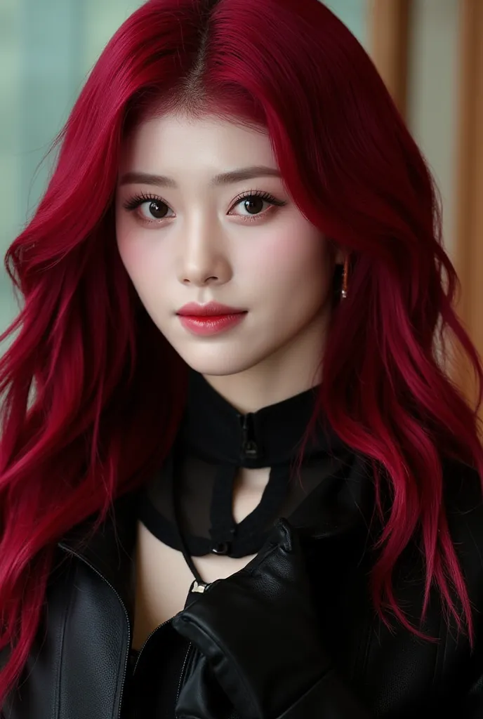 Shiny cherry red long hair , western make up , black outfit , , sexy    , shiny hairs , very stunning , ถ่ายแบบ