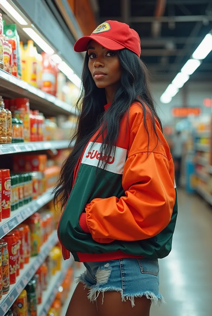 Black woman with long dark hair and a red baseball cap shops for snacks in a brightly lit supermarket aisle. She wears a sporty, color-blocked jacket with "Balenciaga" lettering and distressed denim shorts, projecting a stylish and confident attitude.], [S...