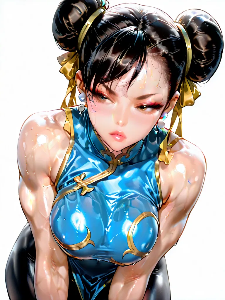 1girl,solo, chun-li, street fighter ,super detailed skin,shiny skin,wet oily skin,disdain,detailed face,lips gloss,eyelashes,double bun,swept bangs,large breasts,beautifully shaped breasts, muscles legs ,blue Cheongsam, Spiked bangles ,black pantyhose,chin...