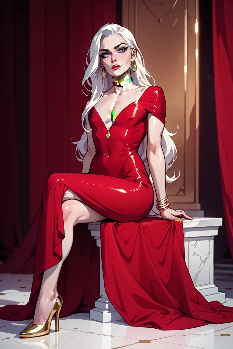 mature femboy defined body very thin body very white skin pale skin long hair white hair straight hair blue eyes long red dress with gold details look of contempt sitting with high heels gold earrings gold choker