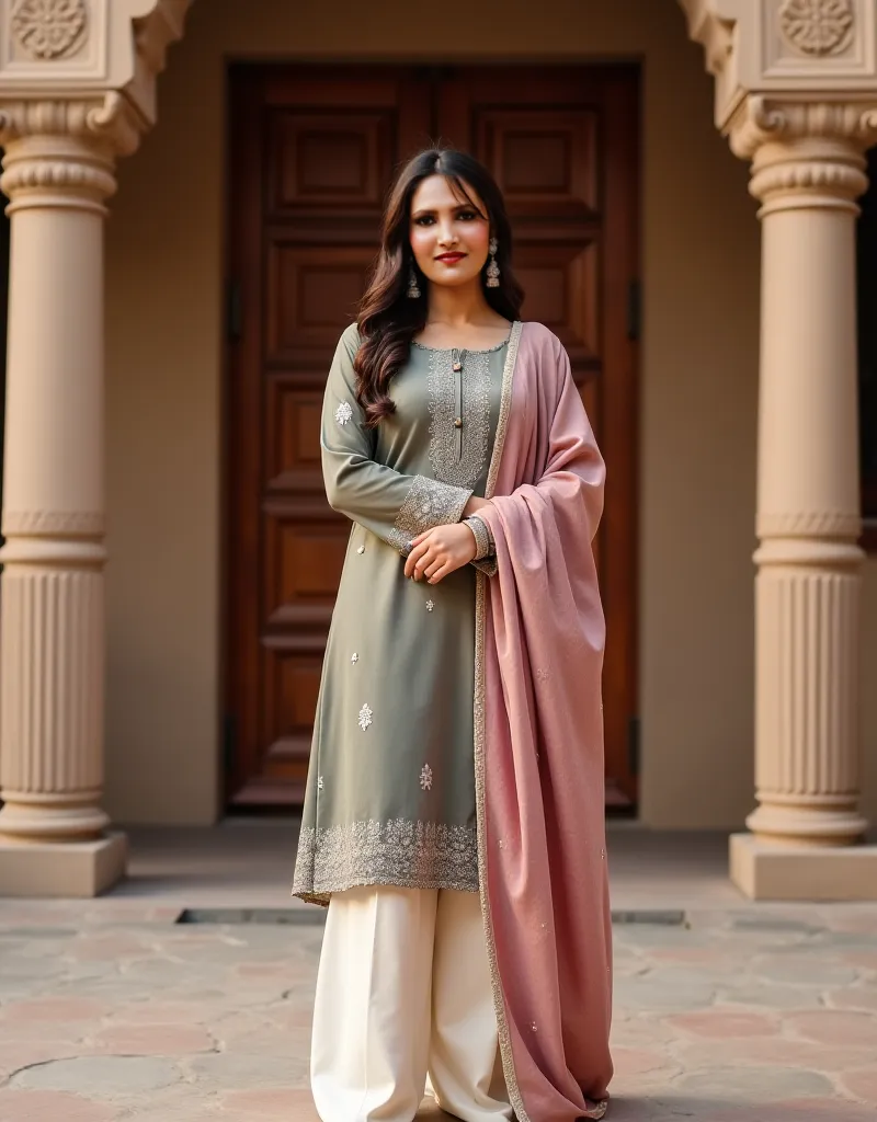 Young woman, likely 20-25 years old, of South Asian ethnicity, in traditional Pakistani outfit.  Elegant salwar kameez, muted olive-grey kurta with subtle embroidery and  a dusty rose ombre dupatta.  Cream-colored, wide-legged salwar pants.  The outfit sho...