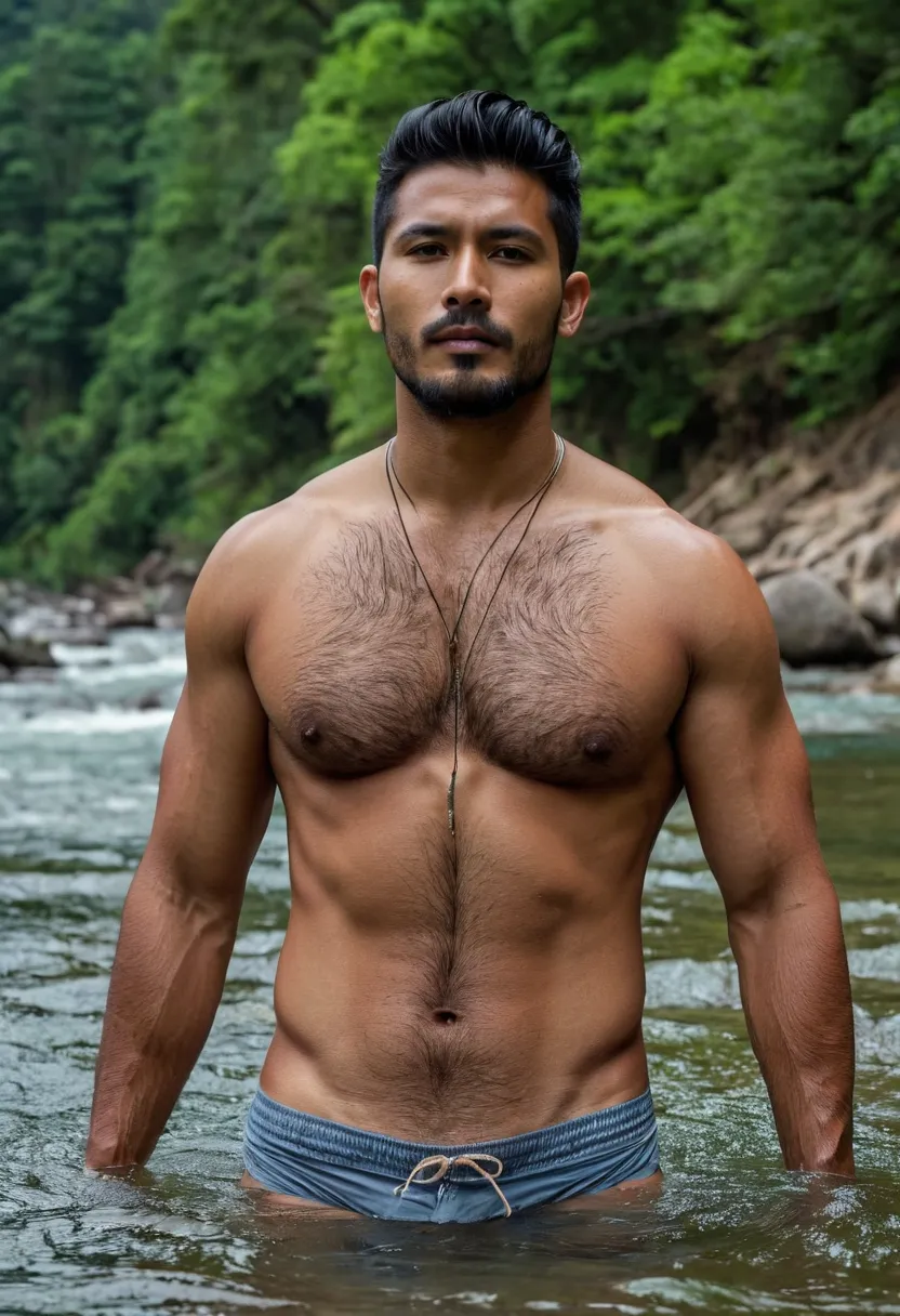 Nepali  Hairy hunk naked  men wearing glass strings underwear in river  realistic High quality masterpiece 8k 