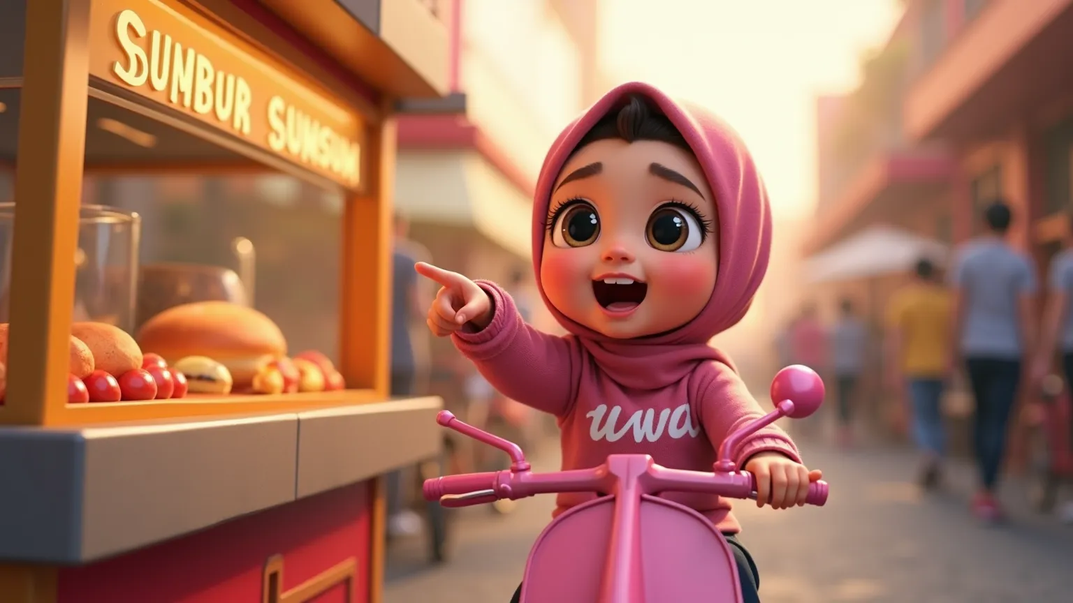 Prompt:
"Close-up of Uwu with an excited expression, her eyes sparkling as she points eagerly at a street food cart with the sign 'BUBUR SUMSUM.' Uwu, a  adorable girl with flushed cheeks, wearing a pink hijab and a pink sweater with 'uwu' written in white...