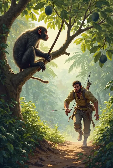 A monkey is sitting in the branches of a mango tree in the forest. A hunter sees the monkey from a distance and runs towards it with a bow and arrow.