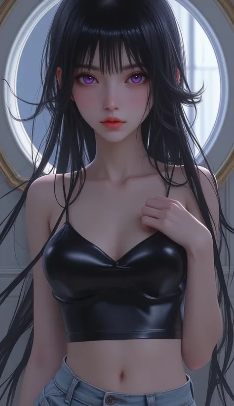 ((masterpiece)), ((Top Quality)), ((Super Detail)),((Hyperrealistic)),shiny skin on both arms, 1 girl, solo, (((Swept-apart bangs))), hair intake, (( black hair)), long hair caught in a hole, straight hair, ponytail, (side lock,  maple), ((Deep purple eyes...