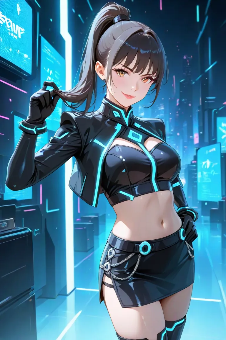 An anime-style female character striking a confident, seductive, and captivating pose on a futuristic digital stage. She has long black hair tied in a high ponytail, with strands framing her alluring face. She wears a black crop top, a shimmering short ski...