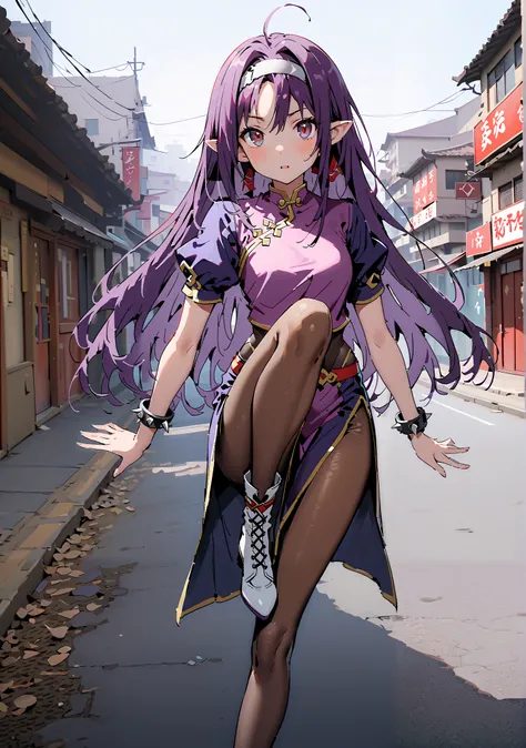score_9, score_8_up, score_7_up,  source_anime,
 yuukiKonno, Konno Yuuki, headband, long hair, pointed ears, purple hair, red eyes, double chauban ,serious,and open your mouth,chunlicosplay, Chunli \(cosplay\), blue  dress, boots, bracelet, brown pantyhose...