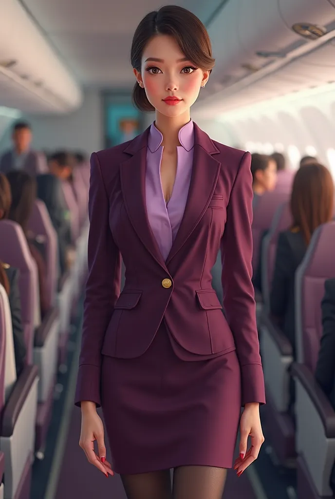 tanned skin flight attendant wearing a corporate attire with dark violet short coat with a touch of burgundy. inner is color lilac with chinese collar and a black stockings