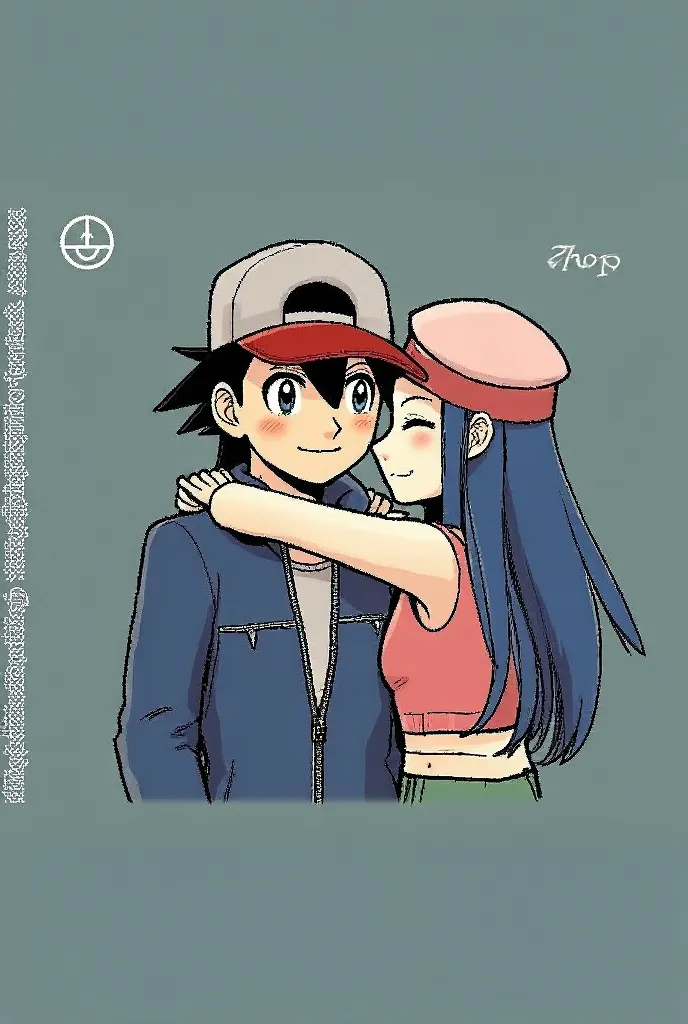 1 boy Ash Ketchum , black hair,broun eyes , hat, beceballcap waite tishirt,blue jacket, 1 girl dawn Pokemon, blue hair, closed eyes, pink crop top , wait hat,  photograph of a couple forest , they is looking each other, they is hugging . they re smalilig a...