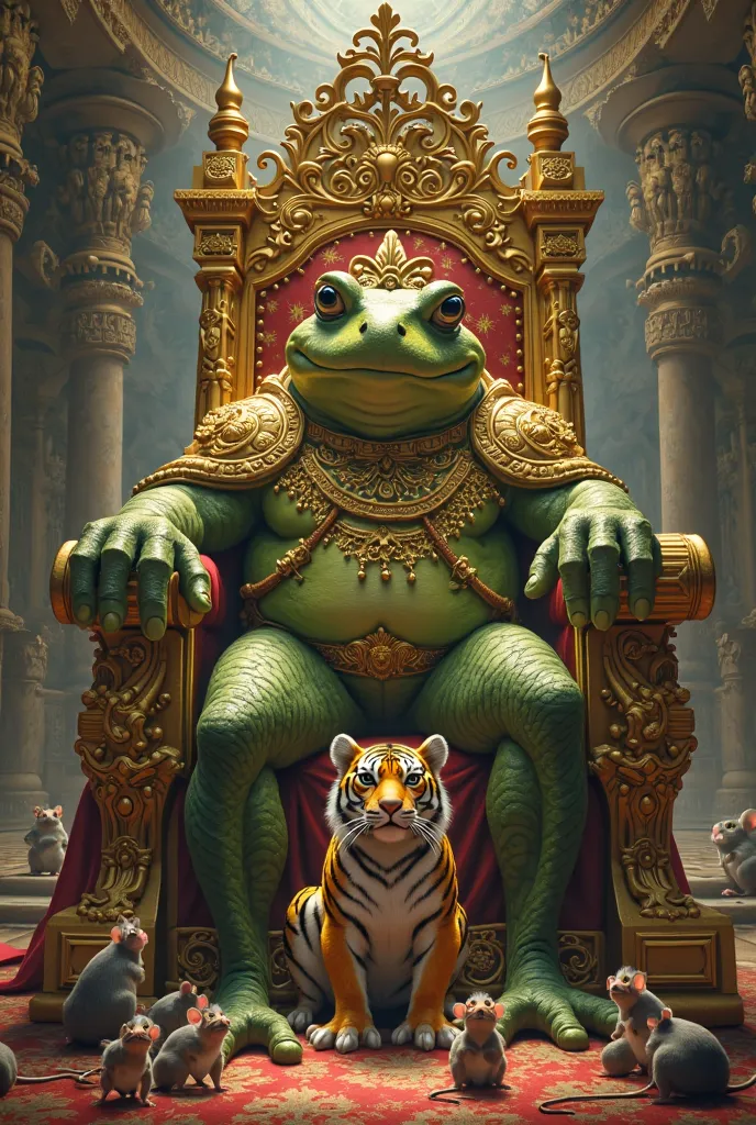 `A grand fantasy scene of a frog king wearing elaborate golden armor and royal robes, sitting on a large and elaborate golden throne.  A tiger sat quietly beside the throne.  Many mice gathered at the base of the throne.  The backdrop is a dark and majesti...