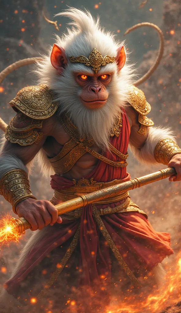 close-up of Sun Wukong magic monkey with a human man face with glowing red eyes, white fur, and a muscular physique, wearing ornate golden and red armor with intricate engravings. weRing ornate head band  He wields a fiery magical staff, striking a dynamic...