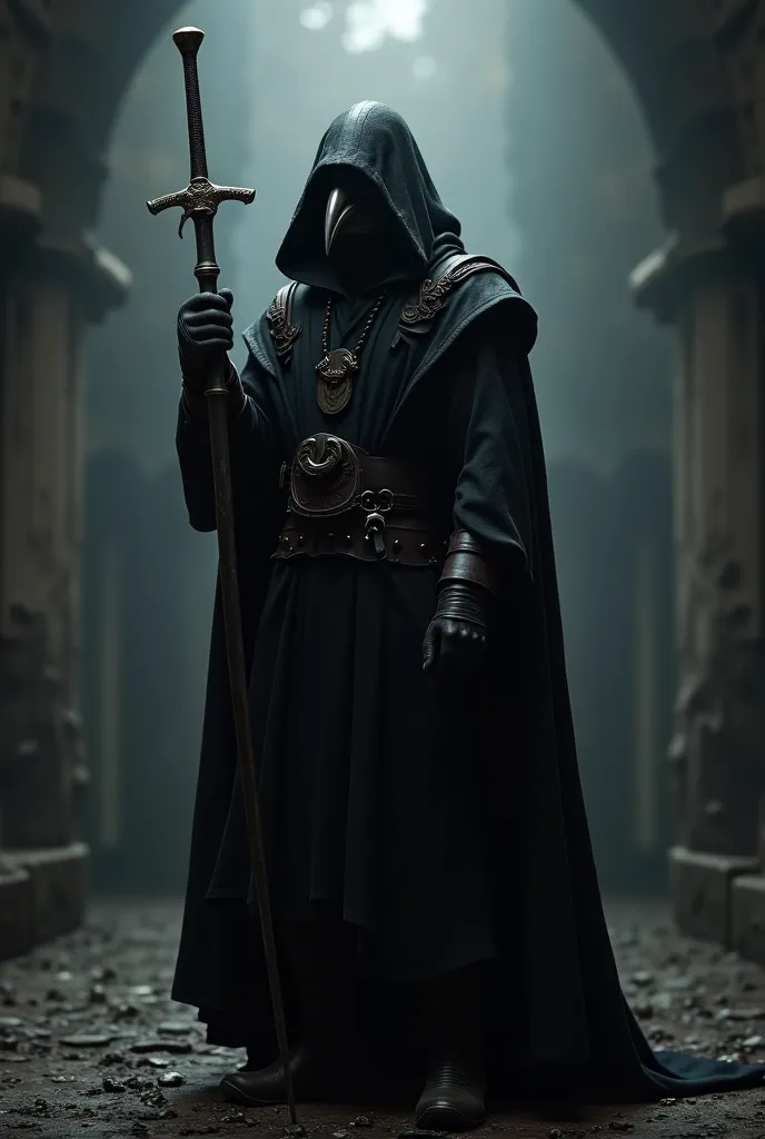 Make a image of a historically accurate black plague doctor with a swordstick

