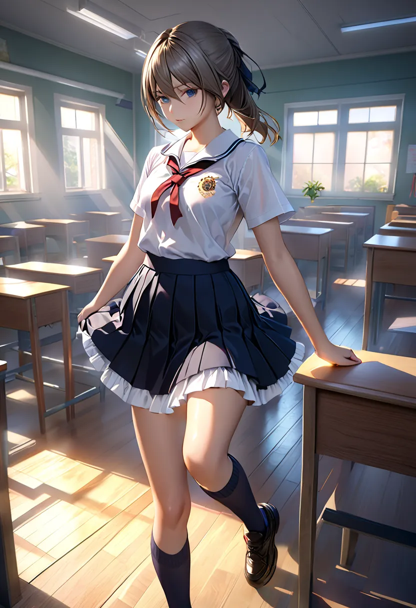 1 girl, re4ashleyのポートレートショット, Highly athletic, black school uniform, white shirt, classroom, Volumetric Light, best quality, masterpiece, complicated details, Tone Mapping, sharp concentration, Super Detail, trending at art stations, realistic,