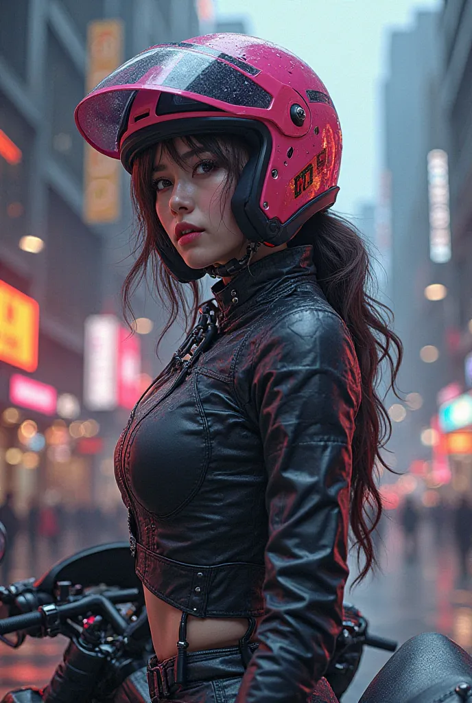 Female Biker Wearing a Helmet with Anime Character 