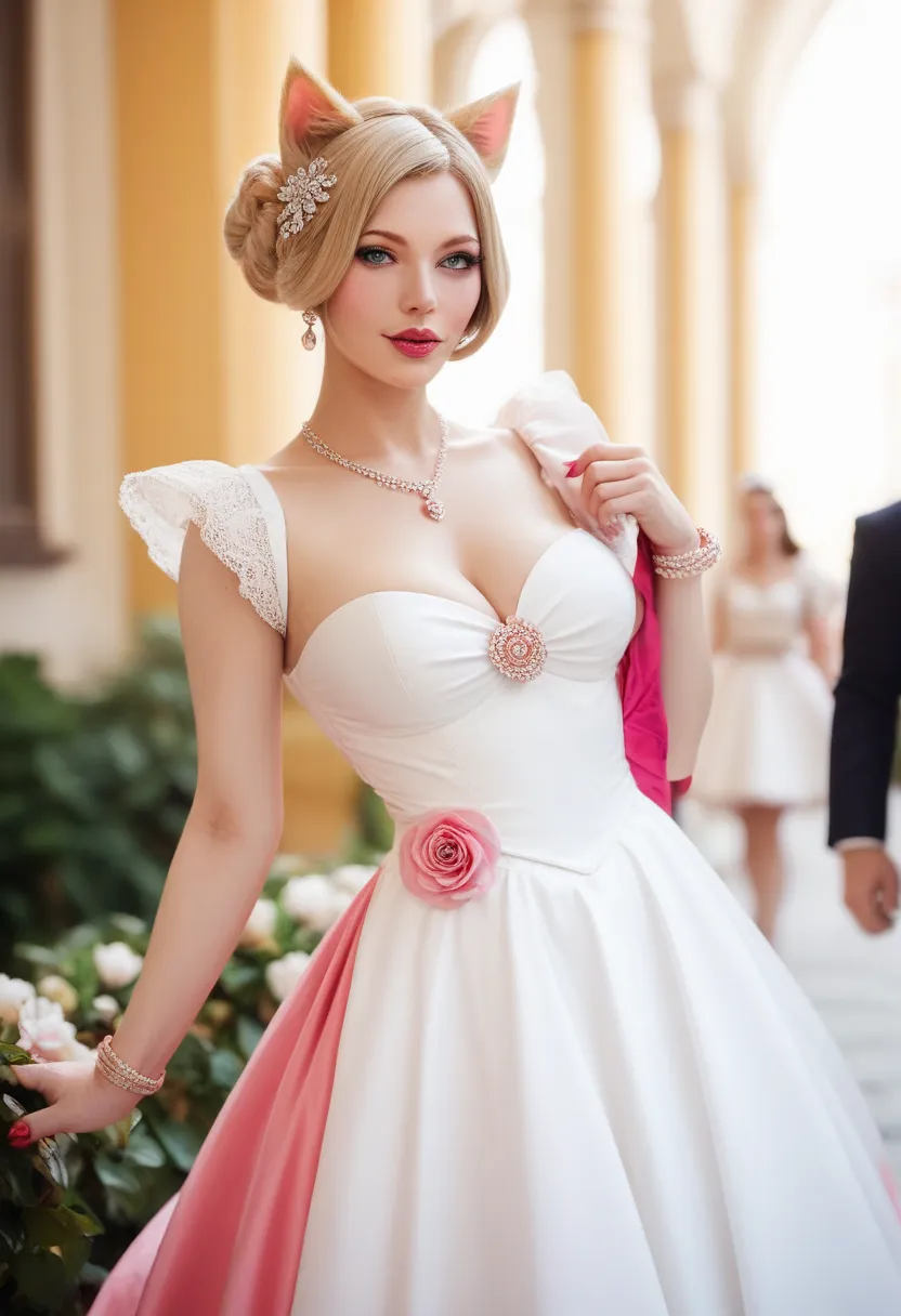 Ahri Wedding Cherry Pink Queen anne dress Velo largo haste los dedos and Bouquets Tied