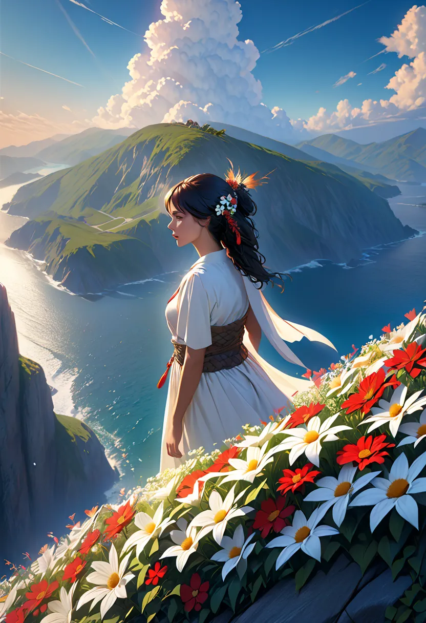 Many flowers on the cliff,  Colorful Flowers, beautiful sky from the light source, Matte painting 8k, Matte Paint 8K, Portrait Wallpaper 8K, Portrait Wallpaper 8K, Portrait Wallpaper 4K, Portrait Wallpaper 4K, The Lost Series, realistic fantasy rendering, ...