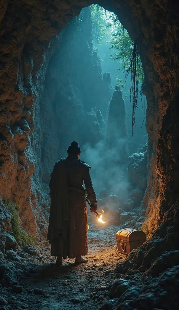 Ultra-HD 8K image of King Vikramaditya inside the dark, ancient cave, cautiously exploring with his sword in one hand and a glowing torch in the other. The walls are covered with mysterious carvings, and ghostly figures seem to appear in the dim torchlight...