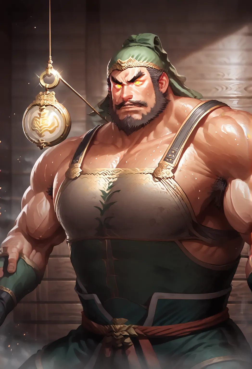 Zhang Fei sitting in the sauna, staring at golden pendulum, shirtless, muscular, muscles, big biceps, broad shoulders, massive pecs, sweaty, hairy chest, glowing golden spiral in the eyes, blank expression, vacant stare, hypnotized, brainwashed, focused, H...