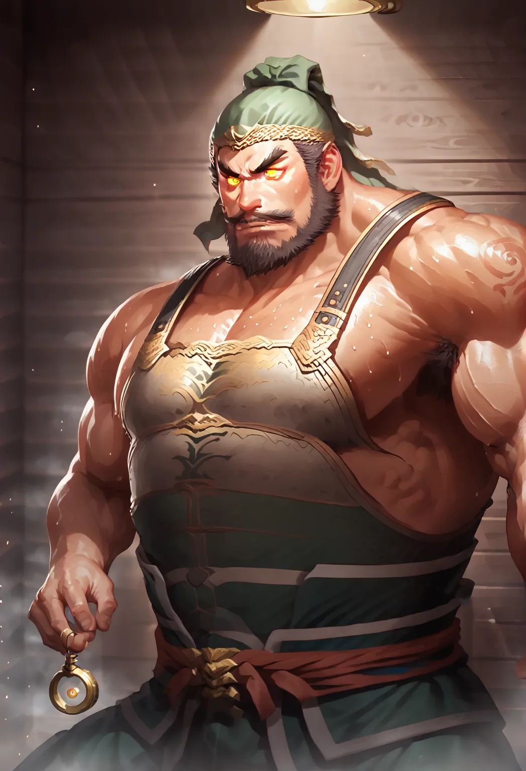 Zhang Fei sitting in the sauna, staring at golden pendulum, shirtless, muscular, muscles, big biceps, broad shoulders, massive pecs, sweaty, hairy chest, glowing golden spiral in the eyes, blank expression, vacant stare, hypnotized, brainwashed, focused, H...