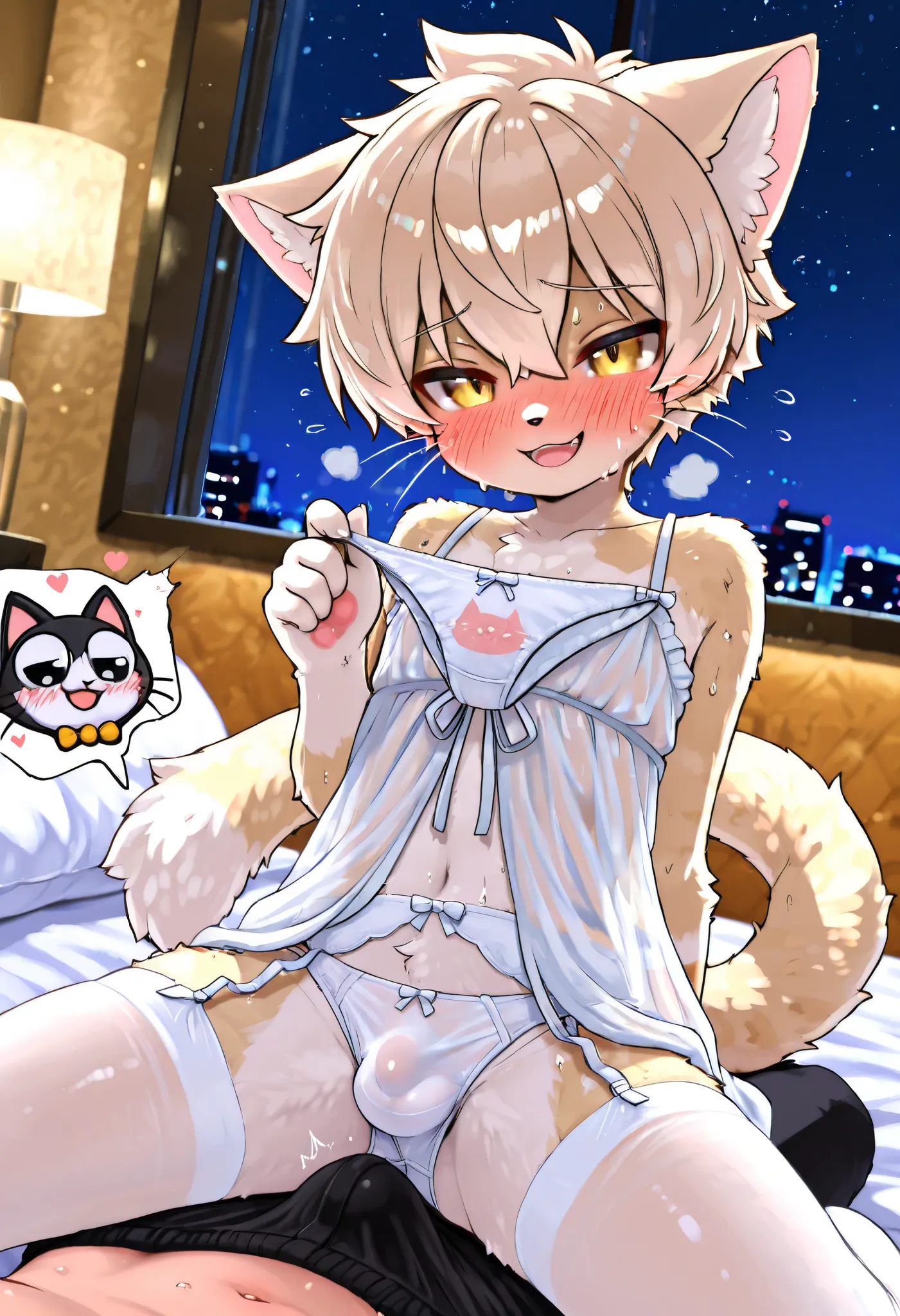 furry Kamoshota, almost naked, Best image quality, 4K, masterpiece, Super high resolution, Shota boy, cot shota, embarrassed, joyful, expecting face, fluffy fur cat boy, mascot, cat body features, tail, tusk, cat whiskers, sweat, sweat drops, tear drops, h...