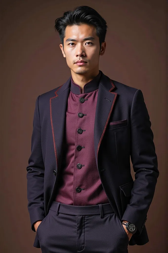 a man wearing corporate attire with dark violet short coat with a touch of burgundy. inner is color lilac with chinese collar