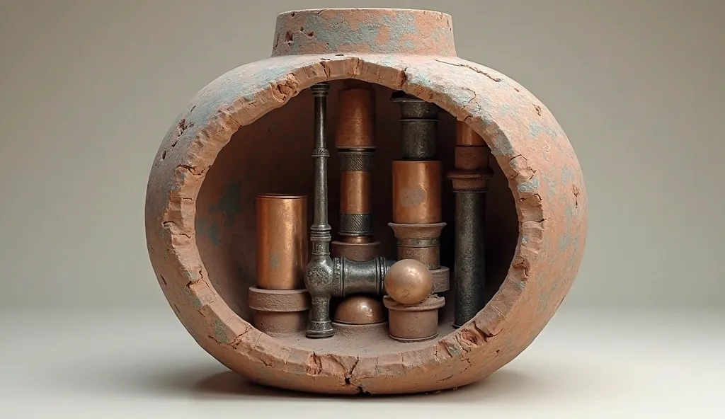 A clay jar with copper cylinders and iron rods inside]