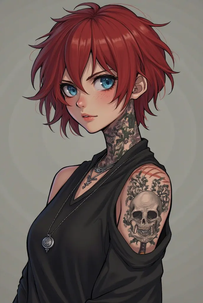 Yuri was a normal gir Her features were innocent and ish, but when she got angry, she was a different person.l with short, messy, layered red hair, blue eyes, clear skin, and some tattoos on her neck The tattoo was a monstrous human skull with long fangs a...