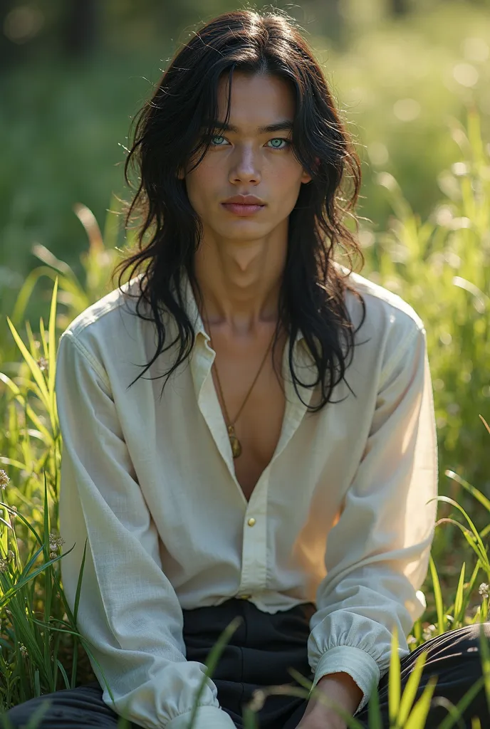 A early twenties demon fae prince with straight long black hair and blue eyes, beautiful, and wearing a medieval linen blouse and sitting on the grass smiling