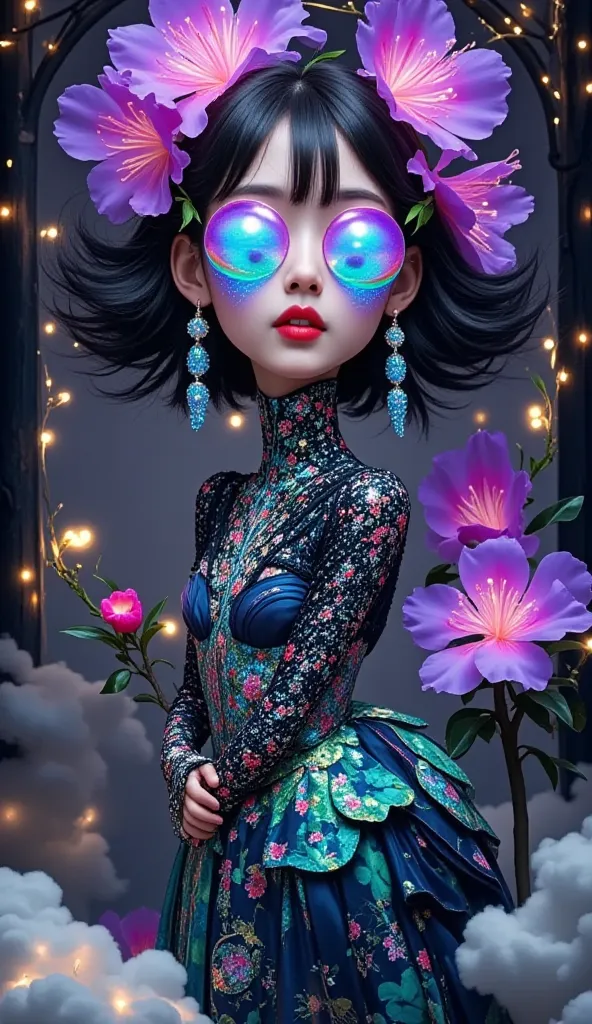 Bright neon plant portrait of flowers with a cute face purple blue mirrored big eyes mirrored undefined, 