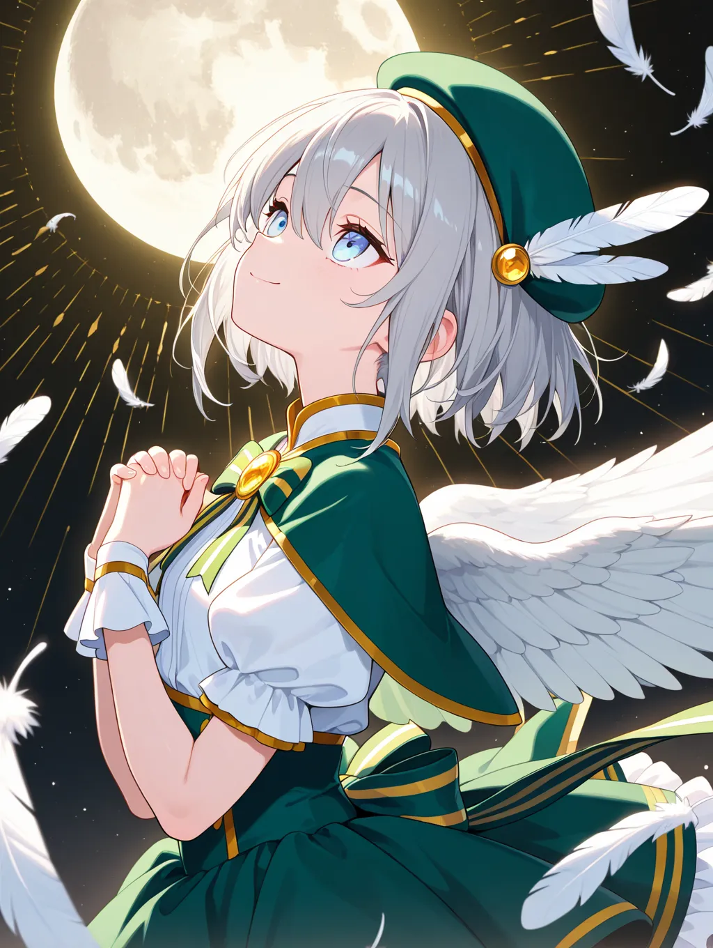 1girl, solo, slim, light blue eyes, (tsurime:0.8), grey hair short hair, sidelocks, hair between eyes, general, magical girl clothes, white blouse puffy short sleeves, green capelet, green skirt frilled skirt high-waist skirt with gold ornaments large stri...