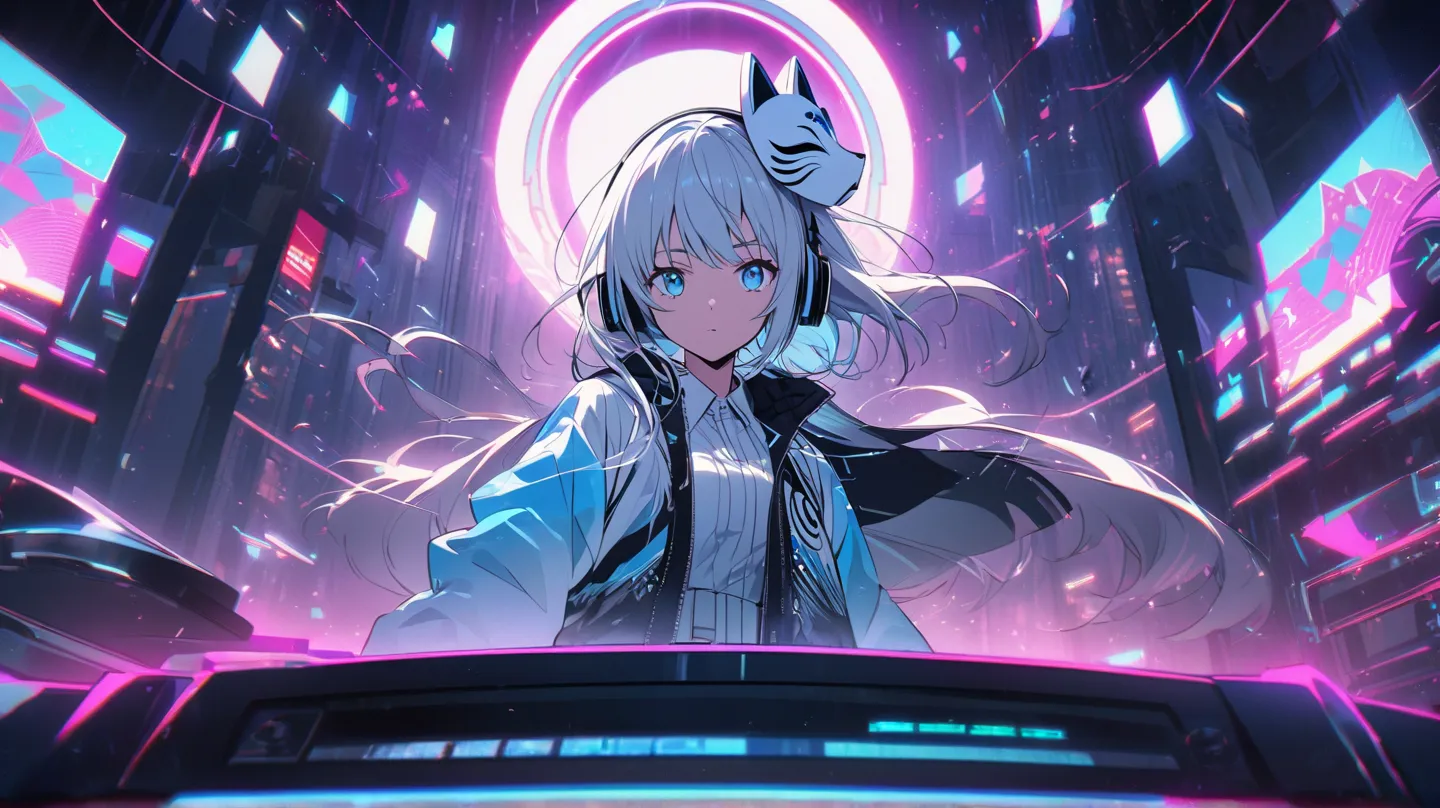 A high-quality, anime-style illustration of Yuki, the ‘Lofi Shrine Maiden of Snow,’ as a futuristic DJ. She wears sleek, wireless headphones and a modern sukajan jacket over a traditional white and blue kimono, blending traditional Japanese aesthetics with...