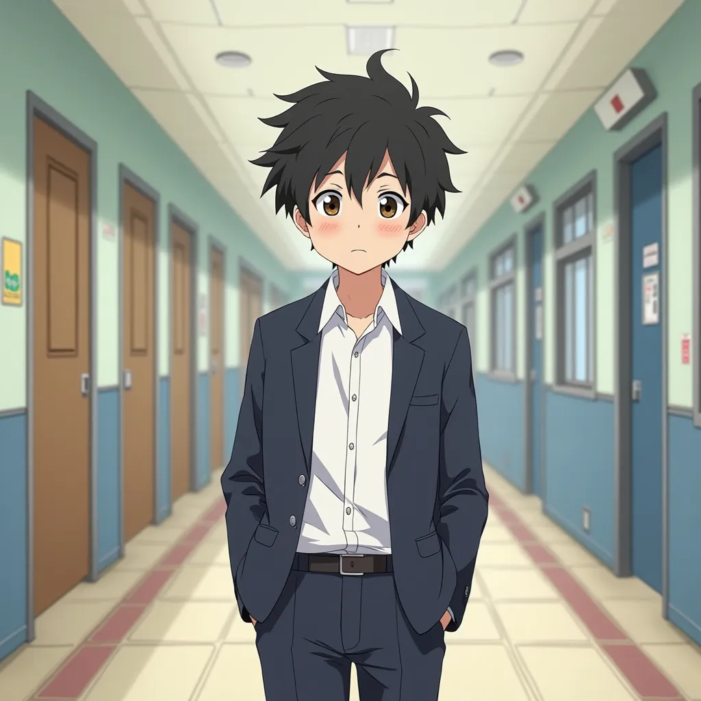 anime character named hiro hayashi, the highschool loser main character of a romance anime, black hair brown eyes in school uniform