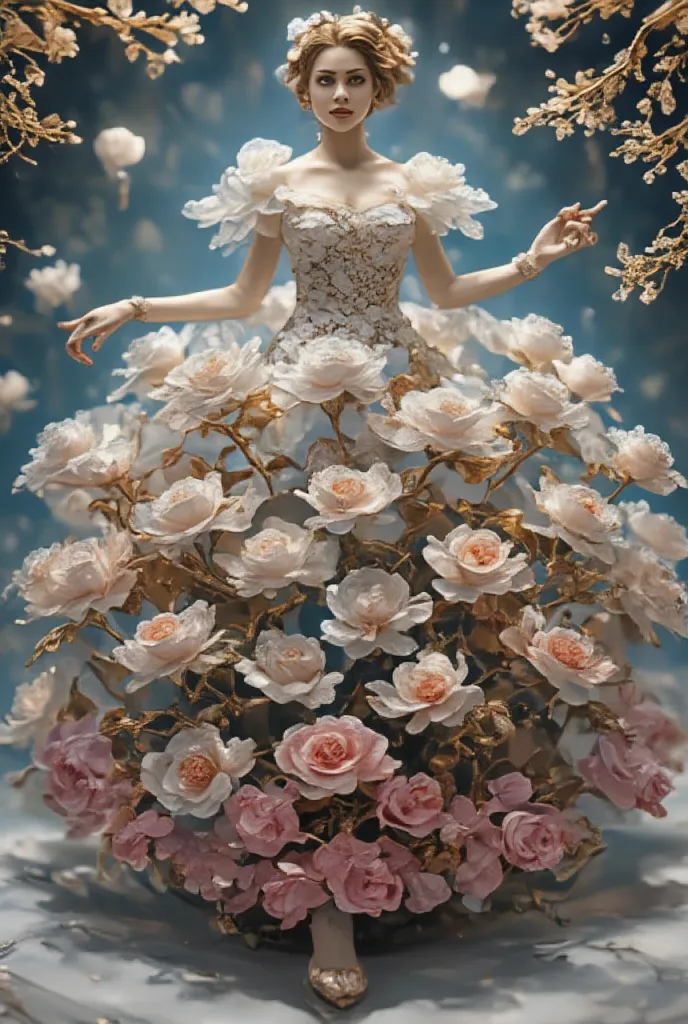 Woman dressed in a white dress made of hyper-voluminous roses and roses are flying from her dress 