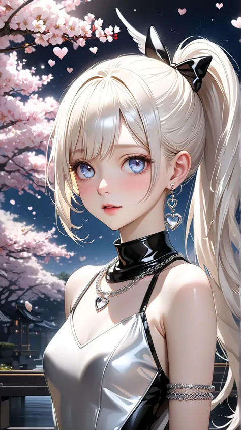 ((TOP QUALITY)), (( Masterpiece)), (details), high resolution,  super fine,8k,((glossy albino angel girl)),((Realistic, delicate and sophisticated eyes)),((14years old)),((glossy steel hair)), ((ponytail)), steel eyes,high detailed black glossy bunny girl ...