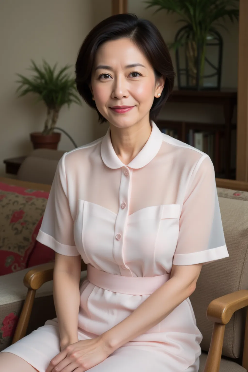 full body photo of an elegant 50-year-old Japanese woman, kind smile、(Facial wrinkles、 nasolabial fold:0.1)、Middle-aged appearance ,  front view、Sheer nurse uniform、 sitting on a chair in the living room、 Fine laugh lines are engraved on her face ,  Applyi...