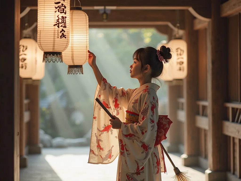 Soft, natural light filters through the wooden architecture, casting a serene glow over the scene. A young Japanese girl stands gracefully in a traditional temple, dressed in an elegant kimono adorned with intricate koi fish patterns. With a delicate umbre...