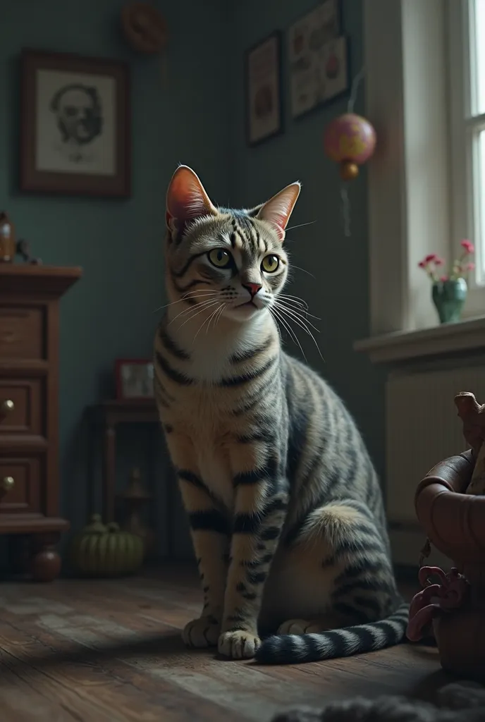 The cat appears sitting alone in a dark room, surrounded by her favorite toys, but does not seem to be interested in them.