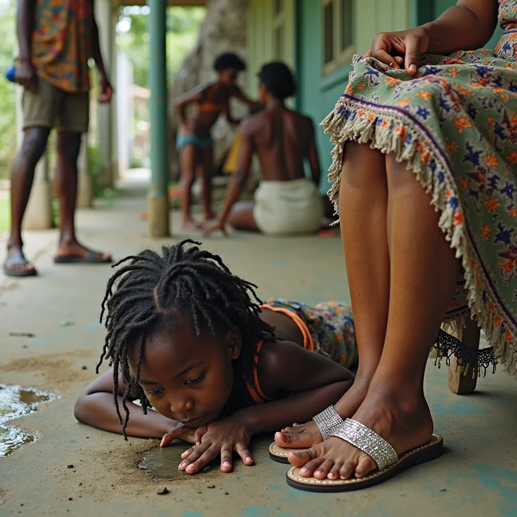 In an outdoor environment probably a sugar mill, on the porch floor, a girl of African descent, is sipping water directly from the ground that is scattered. The girl is lying on the floor, dark-skinned hair, and wears a dirty tunic. On one side you can see...