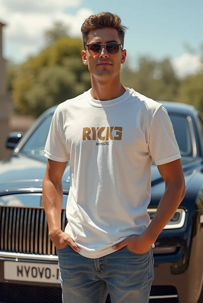 A boy who is 22 years old is stylish style standing front to a rols royes car and has written his name on his T-shirt Sunny 