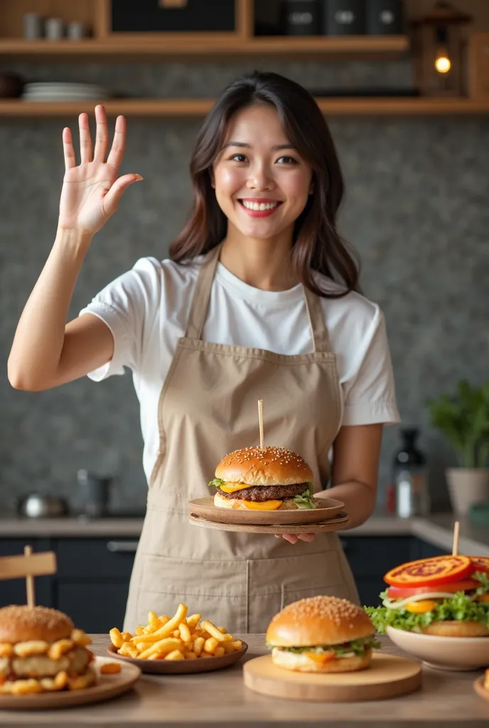 Woman wearing an apron raising her hand in front of a table full of food, She is in , a 若い asian woman, Offering food, Serve burgers, 若い asian woman,  Korean woman , cooking show,  food stylist ,   in the kitchen,  asian woman, cooking,  serving suggestion...