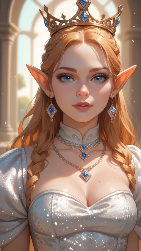 A shiny and creamy skin like porcelain. The Lord of the Rings Arwen. Distinct Valley with necklace and elf sword. White glitter dress and crown